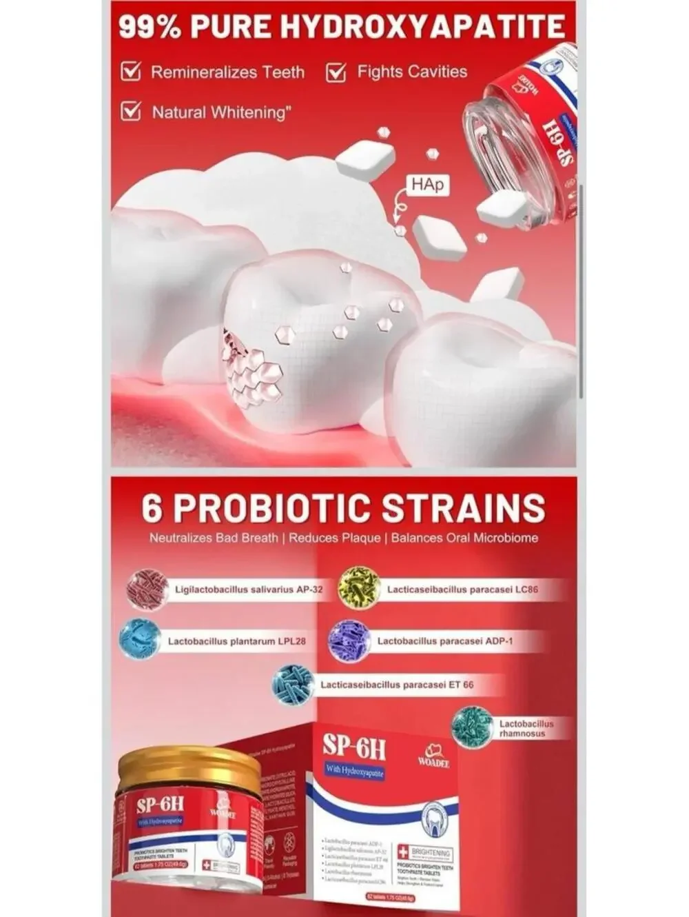 Woadee SP-6H Probiotics Hydroxyapatite Toothpaste Tablets Mint Travel Tabs New